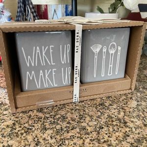 NWT Rae Dunn 2pc Gray “Wake up Make up” Brush set